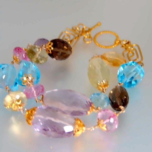 Multi Micro Faceted Big Gemstones Double Strand Bracelet Vermeil Sterling Silver - Picture 5 of 8